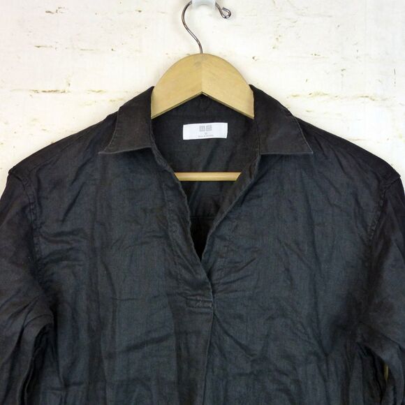 Uniqlo Shirt Womens XS Relaxed Black 100% Linen Skipper Collar Popover ¾ Sleeve - Picture 5 of 12